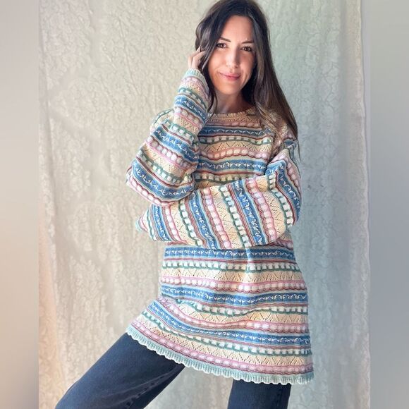 Vintage Pastel Multi-Patterned Knit Crossings Jumper Sweater – 100% Cotton - Picture 1 of 13